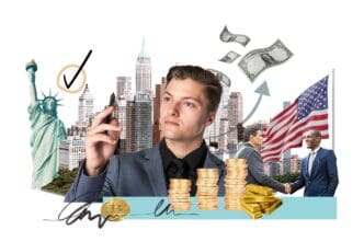 Collage of money with the USA flag in the background, representing finance and investment.