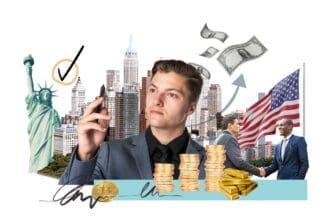 Collage of money with the USA flag in the background, representing finance and investment.