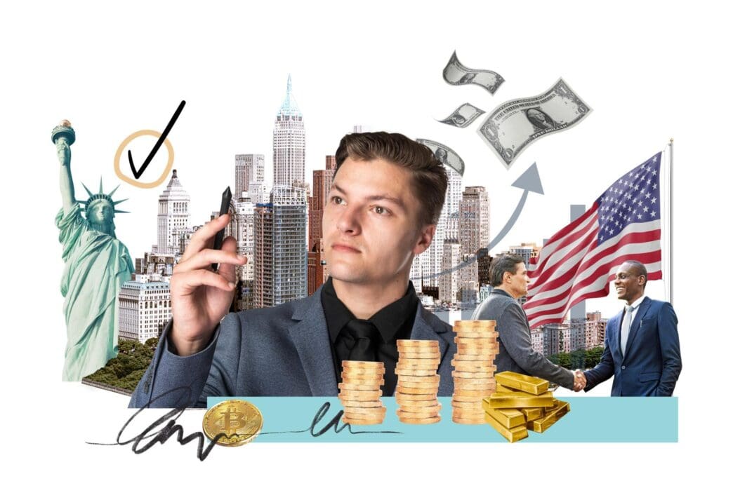 Collage showing money with the PNG flag in the background, representing USA investment and finance.