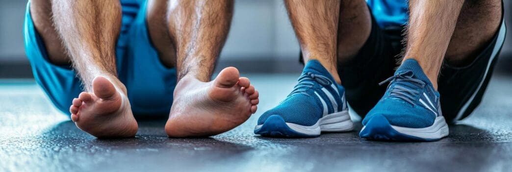 A podiatrist advises an athlete on foot care, discussing prevention strategies in a modern sports medicine clinic.