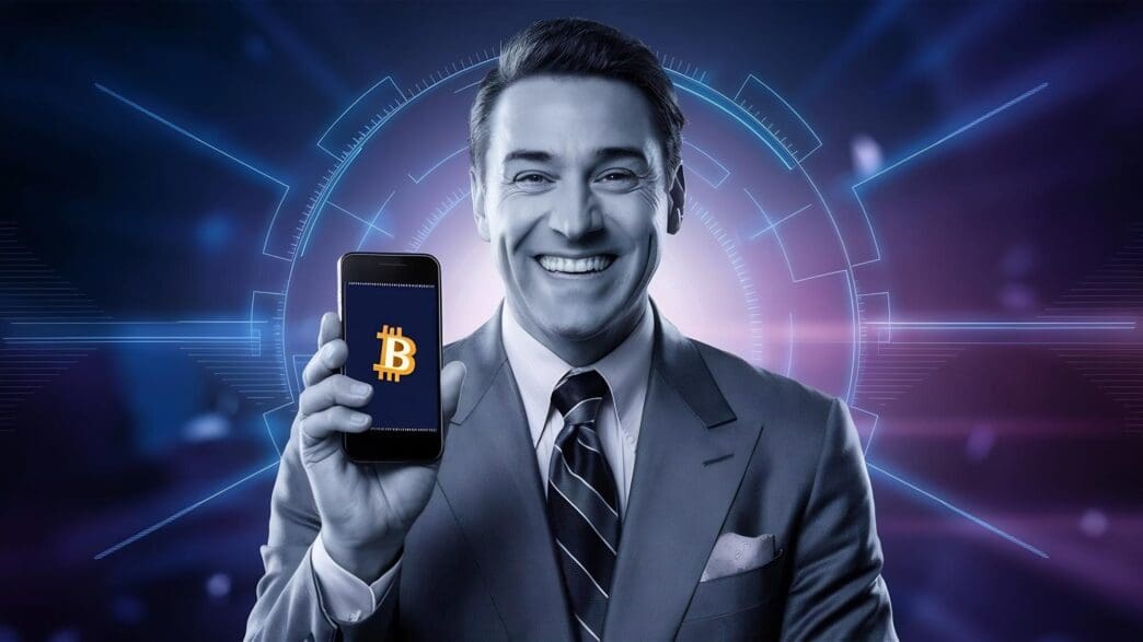 A smiling businessman holds up a Bitcoin, displaying it to the viewer.