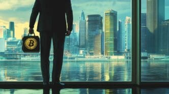 A man in a suit and hat stands in front of a cityscape.