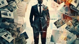 A man in a suit holds a sign that reads "no money."