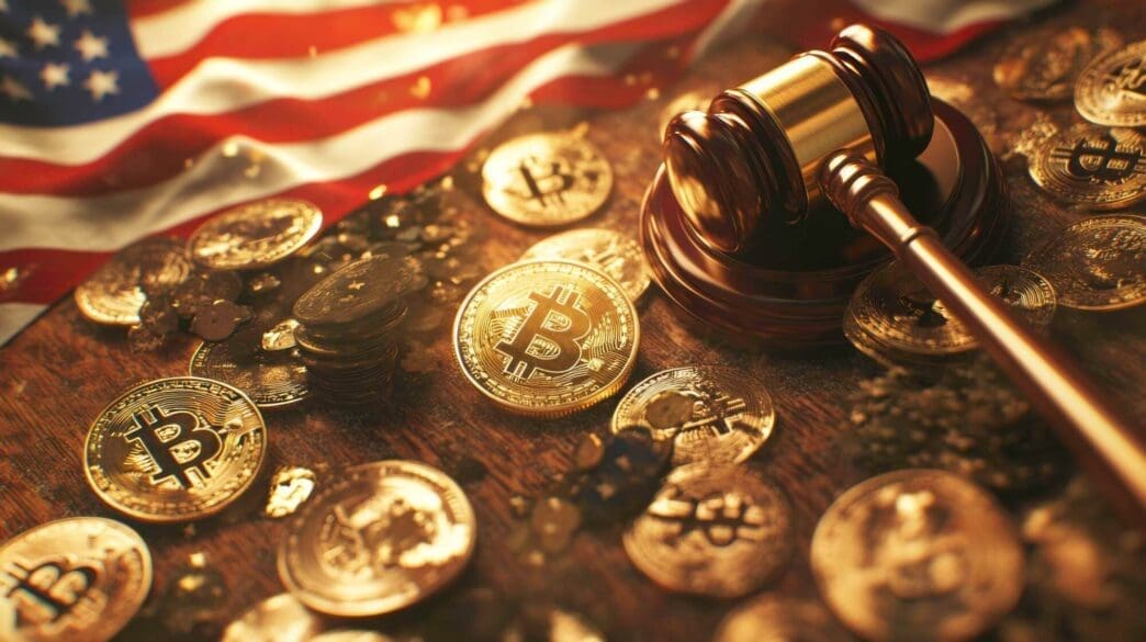 A gavel rests on a table, surrounded by scattered Bitcoin coins.