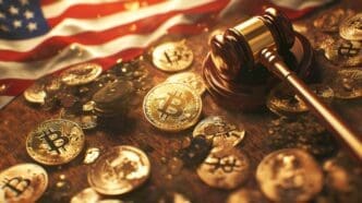 A gavel rests on a table, surrounded by scattered Bitcoin coins.