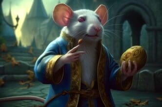 A brown rat holds a golden egg in its front paws.