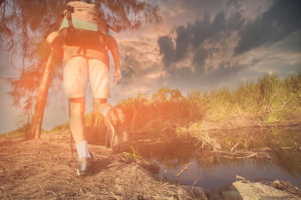 Rear view of a person with a backpack walks along the shore of a lake surrounded by trees.