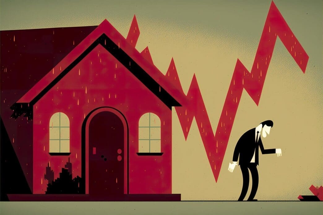 Illustration of a downward-trending line chart with falling currency symbols, depicting a recession.