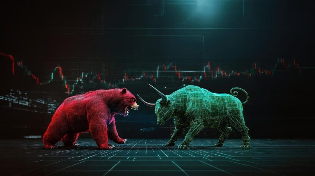A red bear and a green bull face each other in a tense standoff, symbolizing a stock market battle.