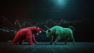 A red bear and a green bull face each other in a tense standoff, symbolizing a stock market battle.
