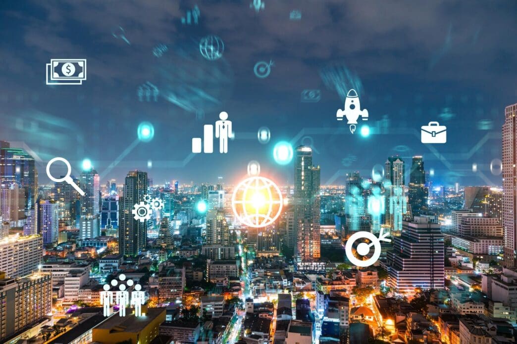 Glowing icons representing research and technological development overlay a panoramic night view of Bangkok, symbolizing innovative activities and expanding services in Asia through double exposure.