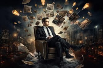 A graphic shows a gear turning into a lightbulb, symbolizing the generation of ideas in a business context.