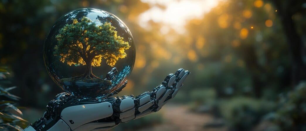 A robotic hand cradles a glass sphere containing a miniature tree, representing a fusion of nature and technology.