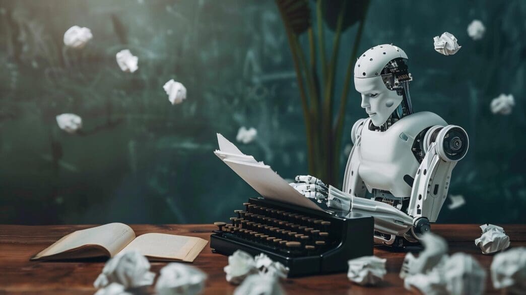 A robot with a metallic body and glowing eyes types on a vintage typewriter.