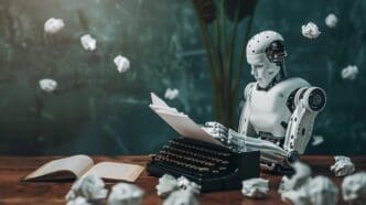 A robot with a metallic body and glowing eyes types on a vintage typewriter.