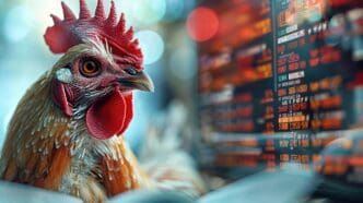 A rooster looks up at a stock market graph.