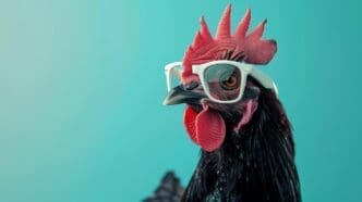 A rooster wearing glasses looks directly at the viewer.