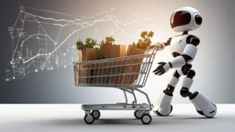 A graph illustrating increasing sales volume is depicted with a shopping cart, representing the concept of sales growth.