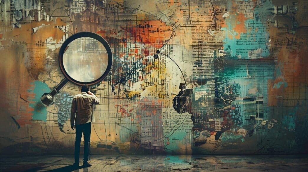 A mixed-media artwork features a search bar with the words "effective solution" typed into it.