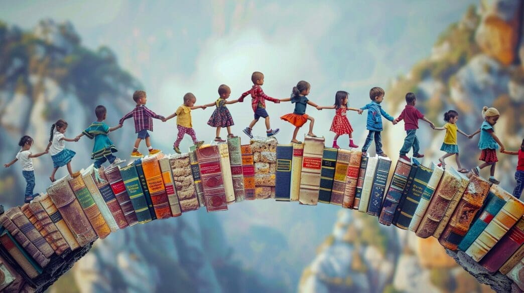 A series of figurines stand on a bridge, with one figure holding hands with another.