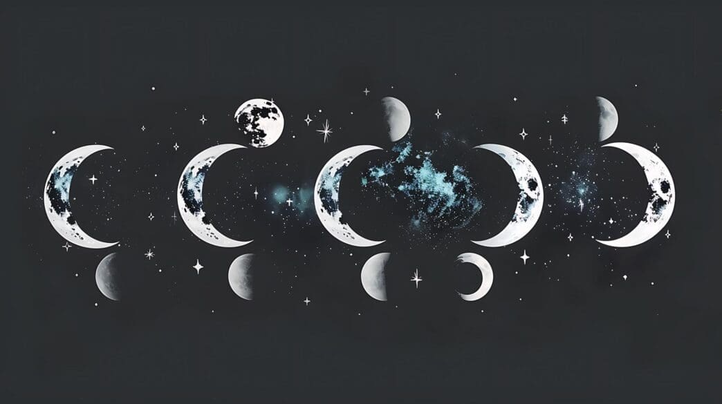 A sequence of images depicts the moon and stars in the night sky.