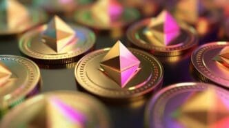 Close-up of several gold coins, with one coin prominently displaying the word "diamond."