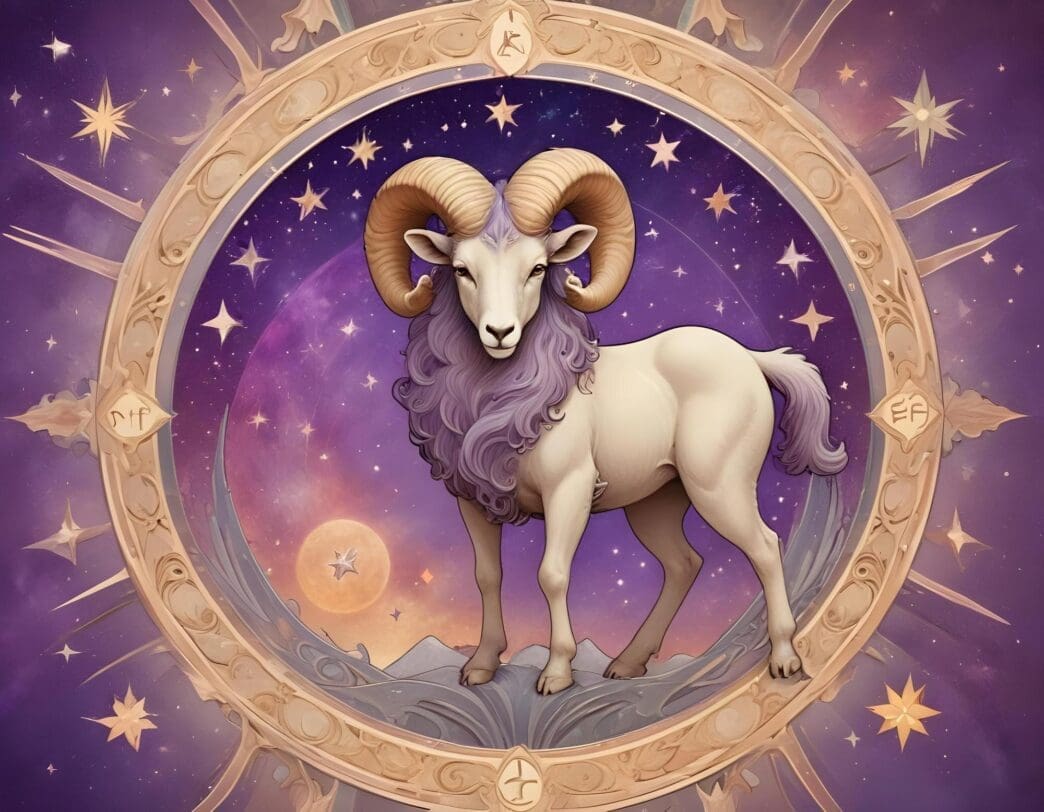 A fluffy white sheep stands against a purple background with stars and a crescent moon.