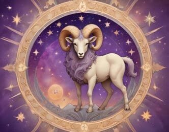 A fluffy white sheep stands against a purple background with stars and a crescent moon.