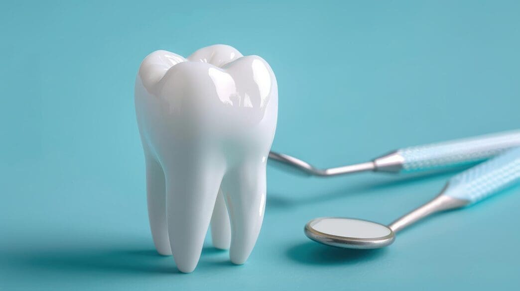 Close-up of shiny white dental tools, including picks and mirrors.