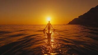Silhouette of a person paddleboarding on the ocean at sunset.