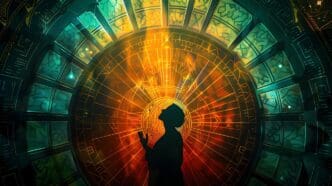 Silhouette of a person stands before a circular pattern of alternating light and dark bands.