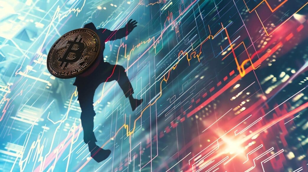 Silhouette of a person running with a Bitcoin symbol against a backdrop of colorful digital lines and charts representing cryptocurrency volatility.