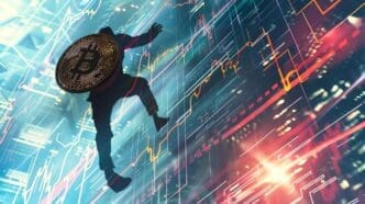 Silhouette of a person running with a Bitcoin symbol against a backdrop of colorful digital lines and charts representing cryptocurrency volatility.