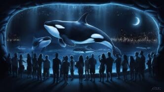 Silhouette of people observing a killer whale in an aquarium tank.