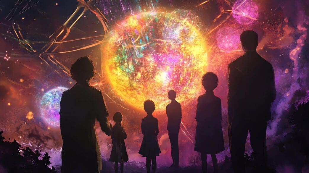 Silhouettes of a family stand together, gazing up at a vibrant, multicolored planet.