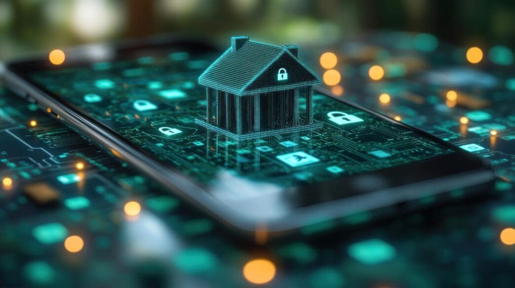 A diagram depicts a smart home security system with interconnected devices like cameras, sensors, and a control panel.