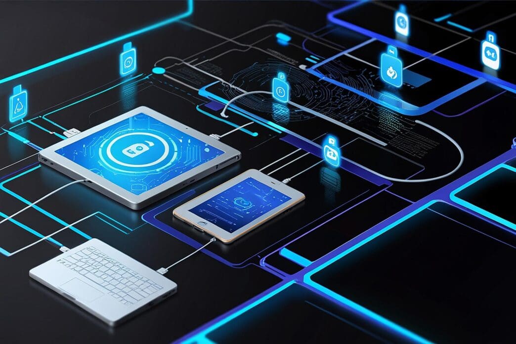 A graphic depicts a network of interconnected devices, including smartphones, laptops, and servers, overlaid with data protection and AI symbols.