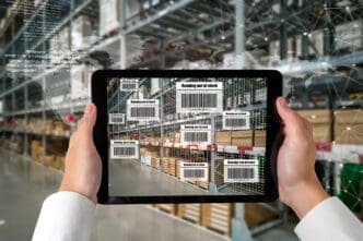 A person wearing augmented reality glasses interacts with a virtual interface displaying data about items in a warehouse.