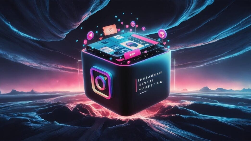 3D rendering depicts a social media marketing concept with Instagram branding.