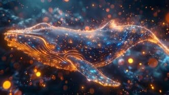 Abstract 3D digital art depicts a sparkling whale.