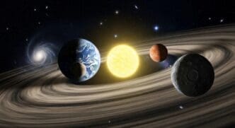 A breathtaking panoramic view displays the Sun, Earth, Mars, and the Moon within our solar system.