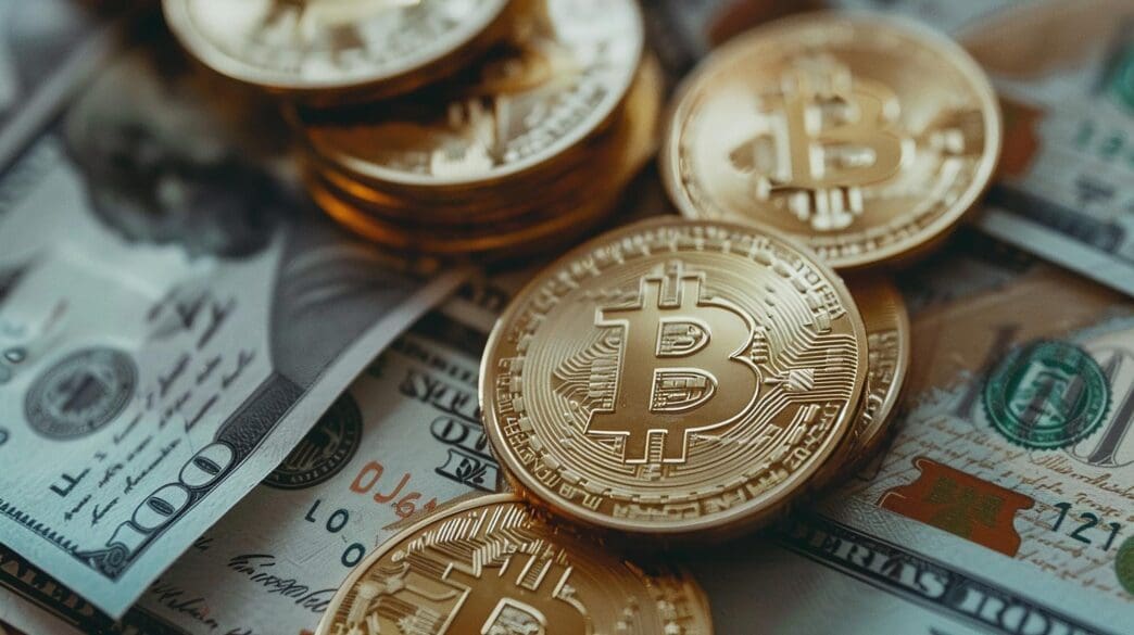 A stack of gold coins is shown, each stamped with the word "currency".