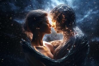 Two people, representing star-crossed lovers, extend their arms toward each other through a digital representation of the number 95 and the number 2.