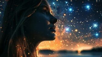 A person stands in a field at night, silhouetted against a starry sky.