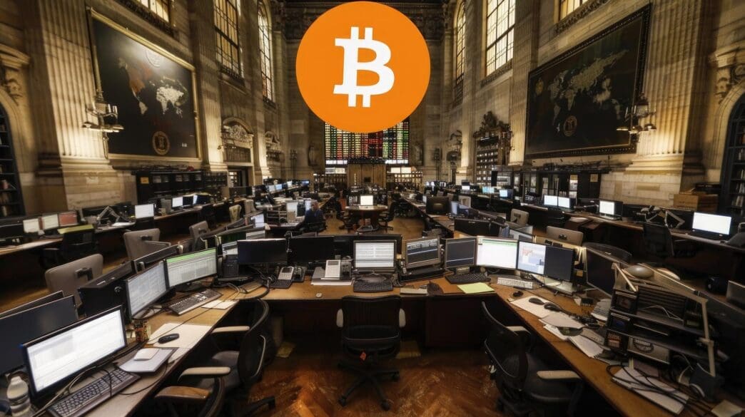 A stylized image compares a stock exchange graphic with a Bitcoin logo.