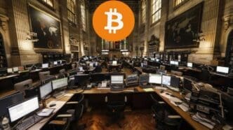 A stylized image compares a stock exchange graphic with a Bitcoin logo.