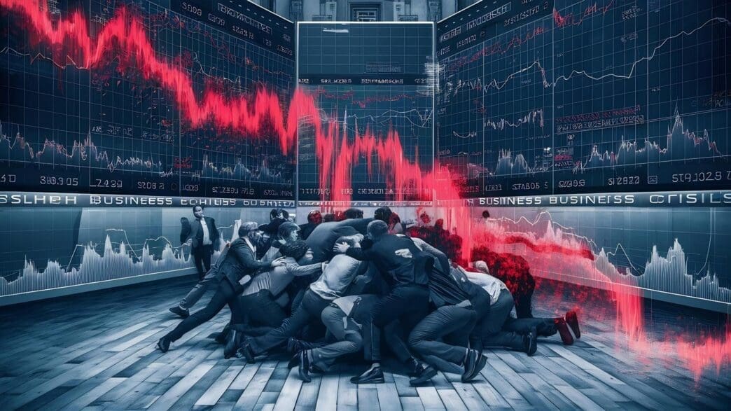 A downward-trending line graph illustrates a stock market loss, representing a financial crisis.