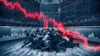 A downward-trending line graph illustrates a stock market loss, representing a financial crisis.