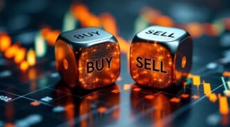 Dice with "Buy" and "Sell" labels are displayed, representing stock market trading concepts.