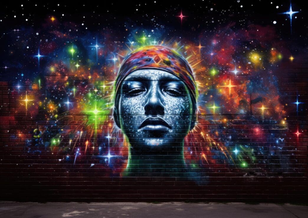 Street art depicts an astronomer on a brick wall, surrounded by colorful galaxies.